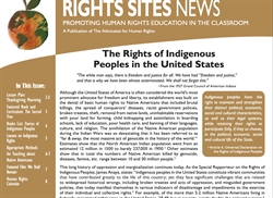 [ai] A newsletter titled 'Rights Sites News' with a focus on human rights education, featuring an article about the rights of Indigenous Peoples in the United States, along with a list of topics in the issue.